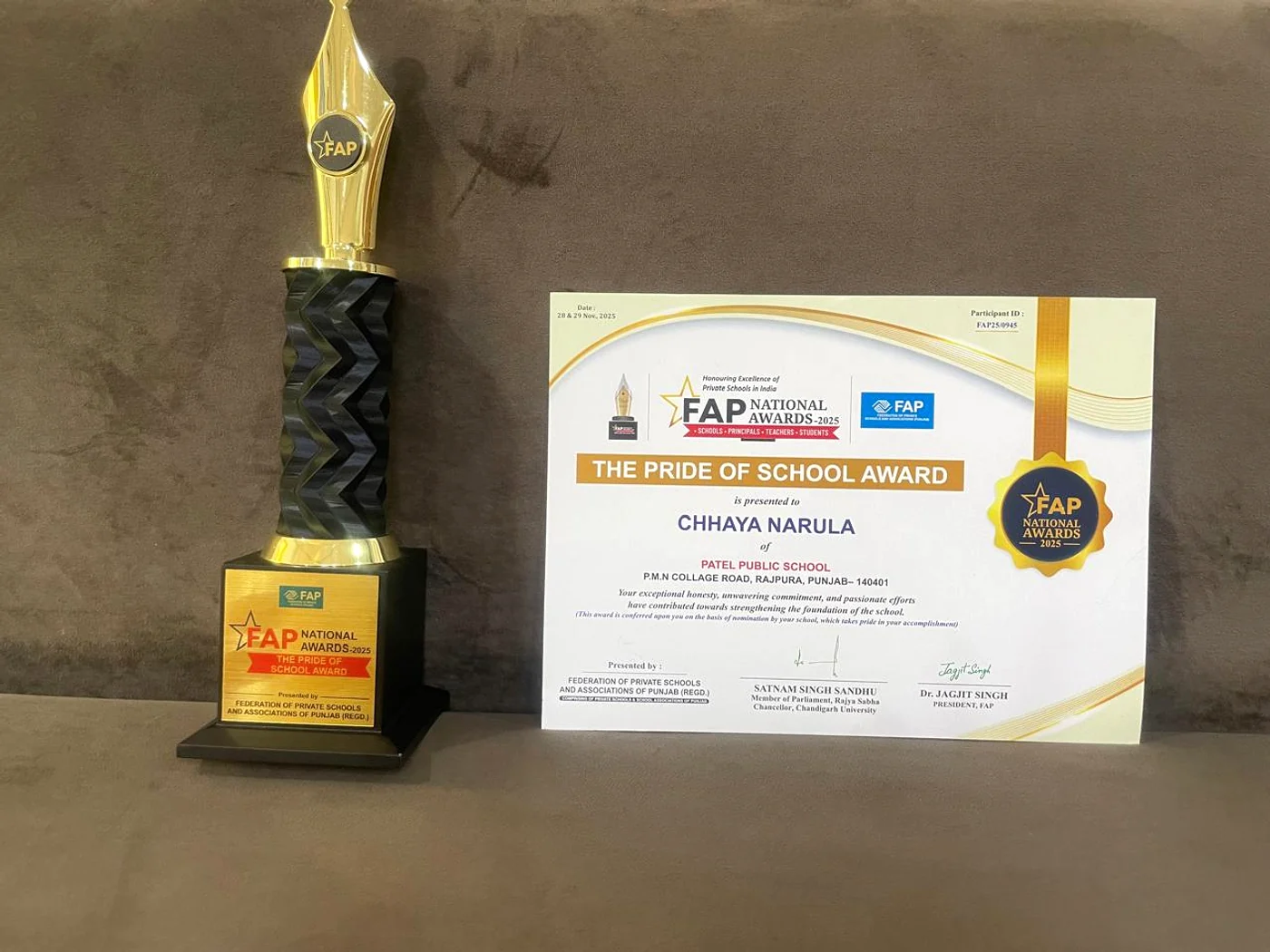 FAP Pride of School Award presented to Principal Chhaya Narula